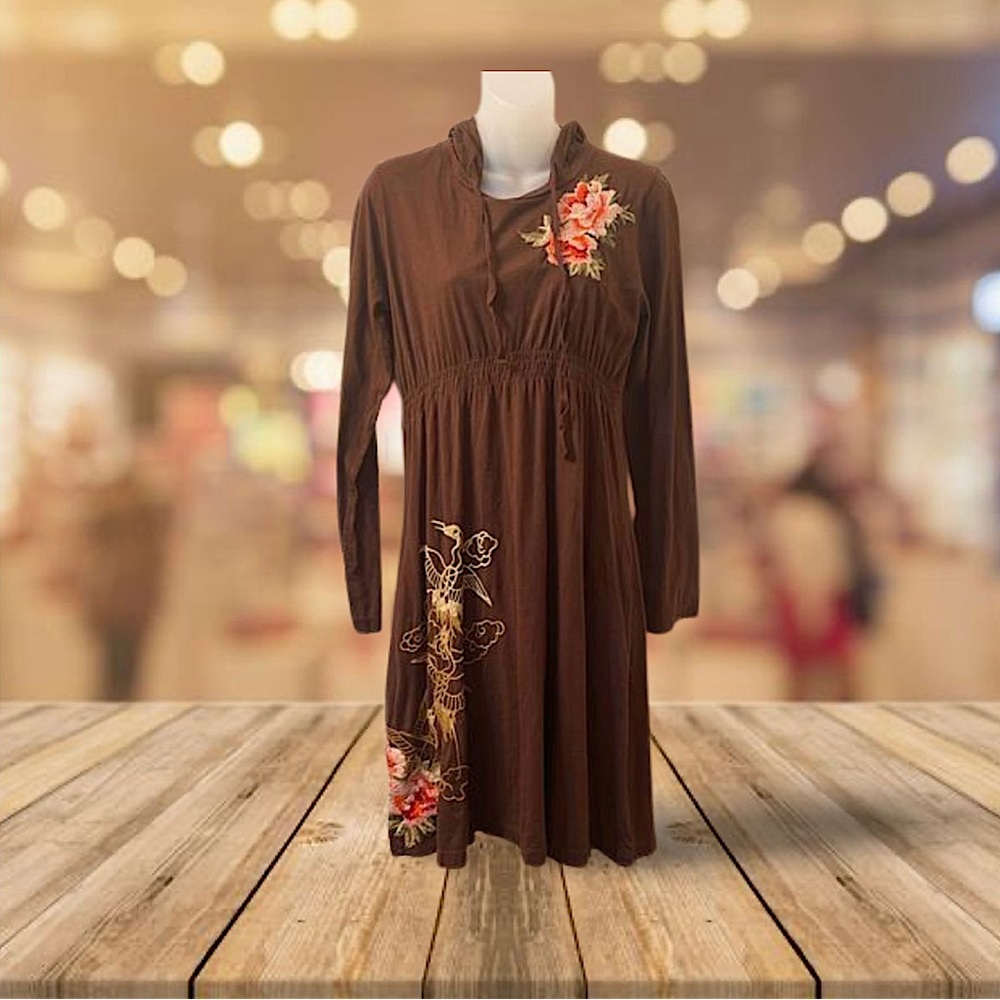 JWLA Johnny Was Brown Hooded Dress with Embroidered Roses | Size L; BNWT